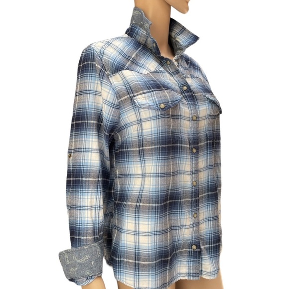 Jachs Girlfriend BAE blue plaid long sleeve snap button down cotton flannel med - Picture 4 of 15
